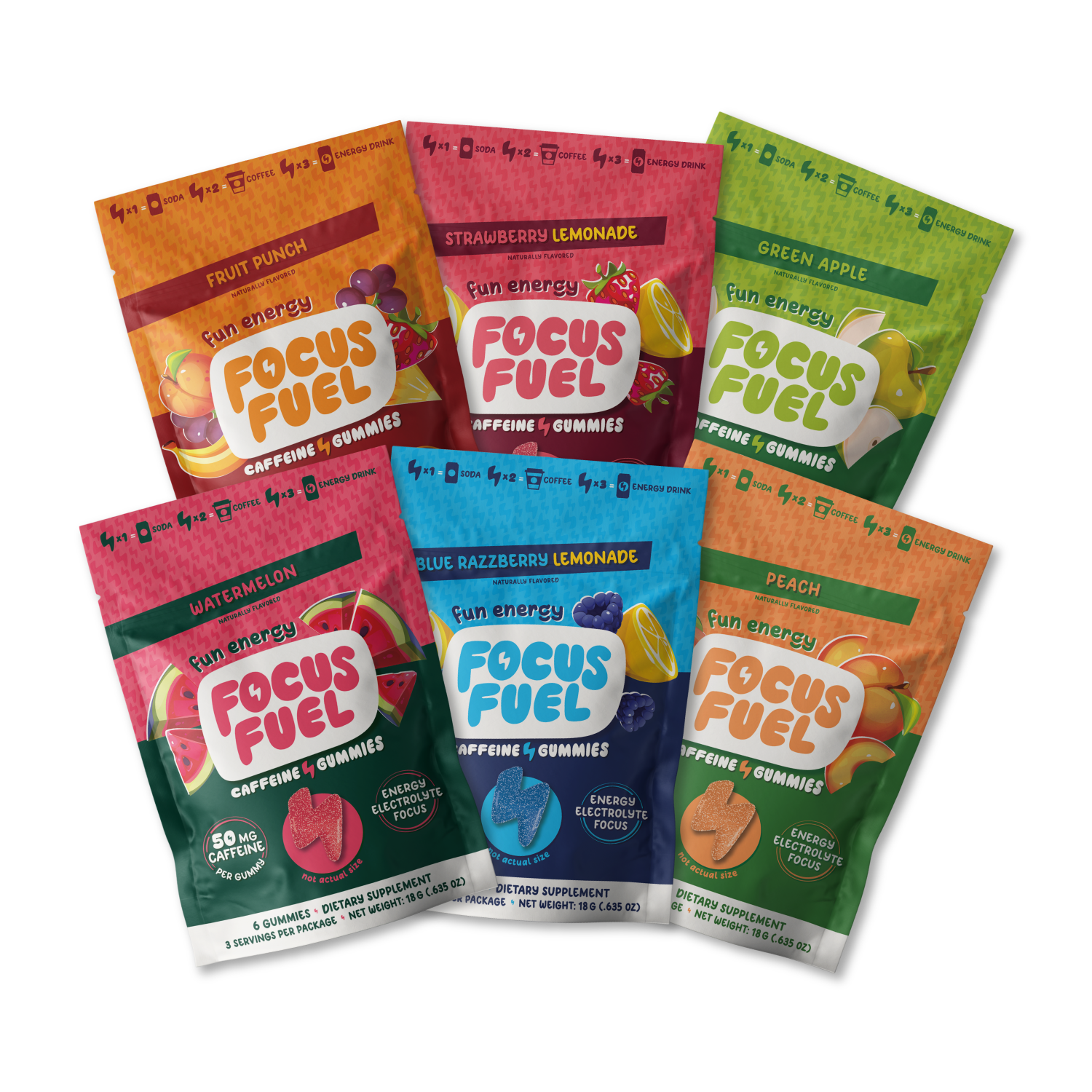 Six FocusFuel Full-size caffeine gummy packages
