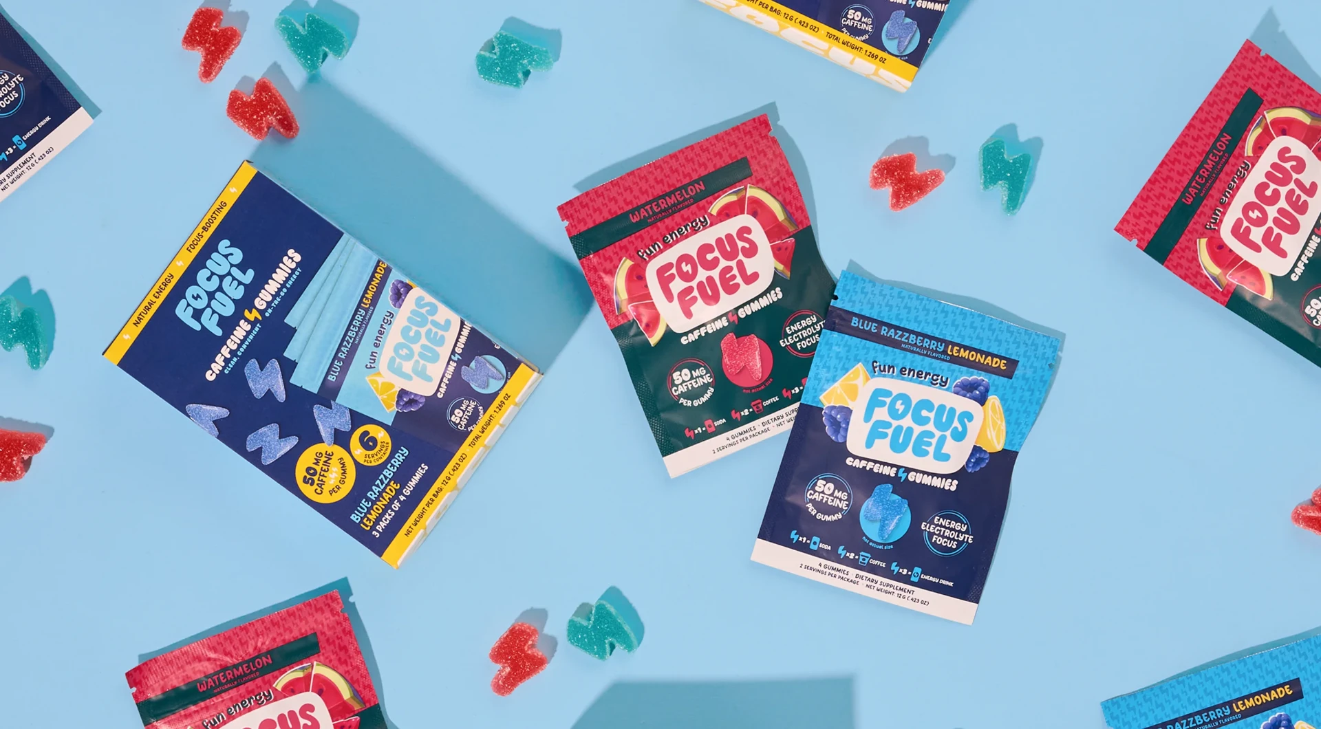 FocusFuel caffeine gummy packages and loose gummies on a blue studio backdrop