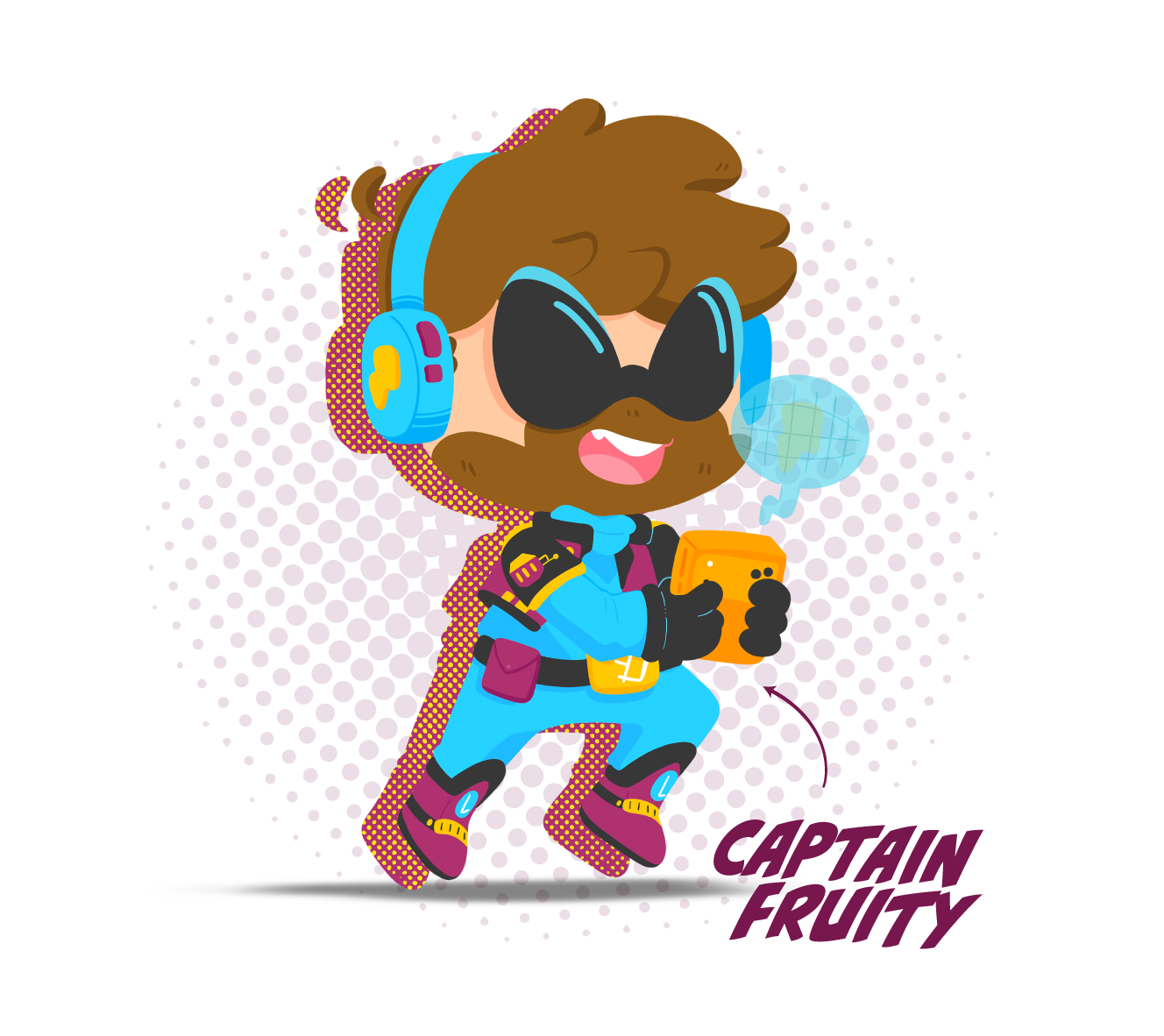 Captain Fruity mascot running with headphones and a yellow phone