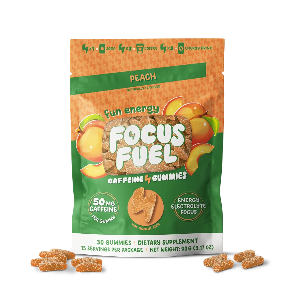 FocusFuel Peach 30CT pouch with loose gummies