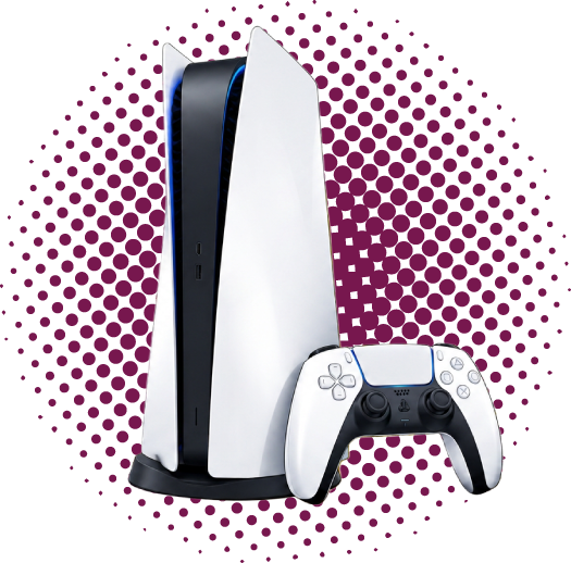 White game console and controller prize on a purple dotted circle