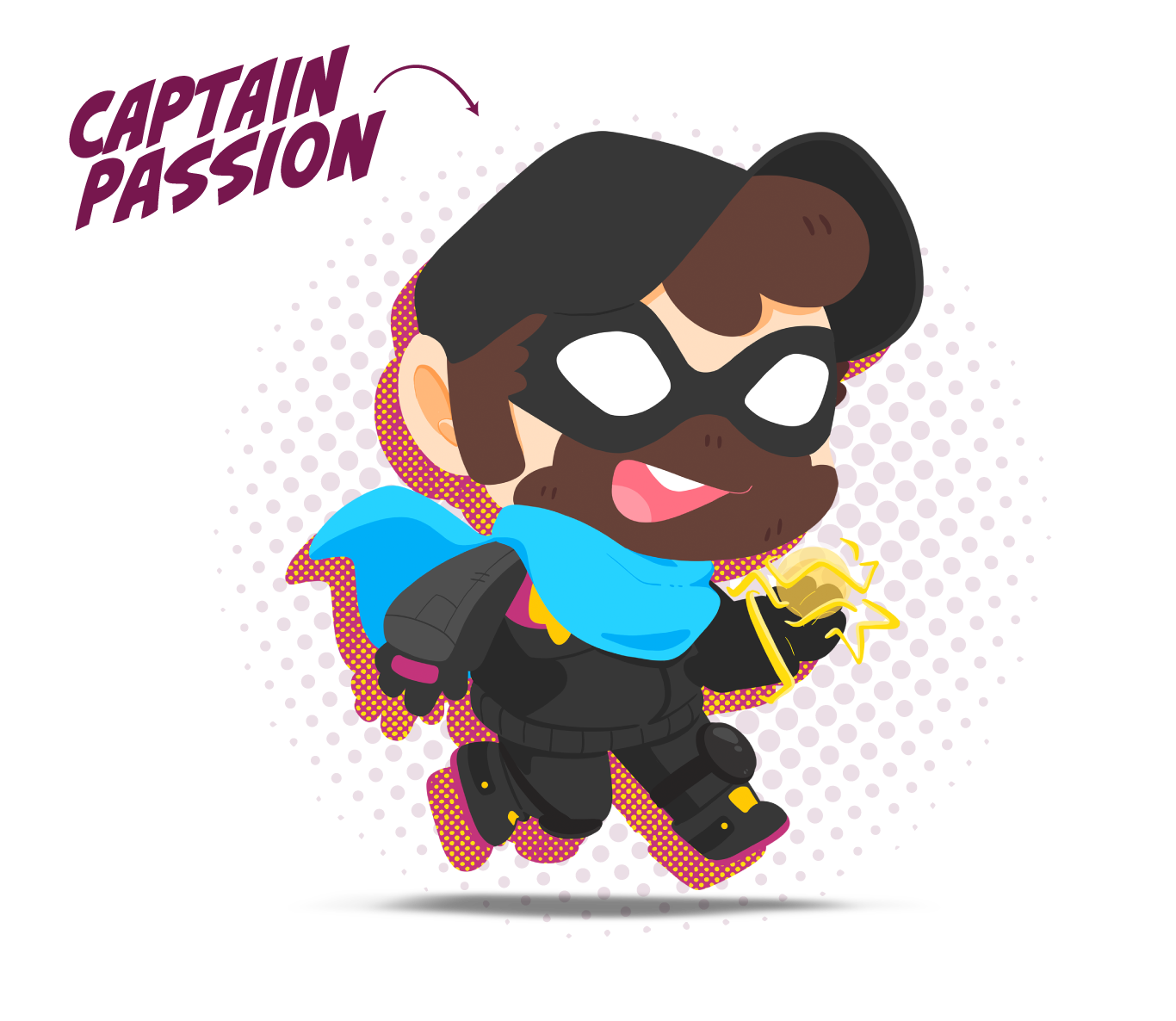 Captain Passion mascot flying in a black cap with a blue cape