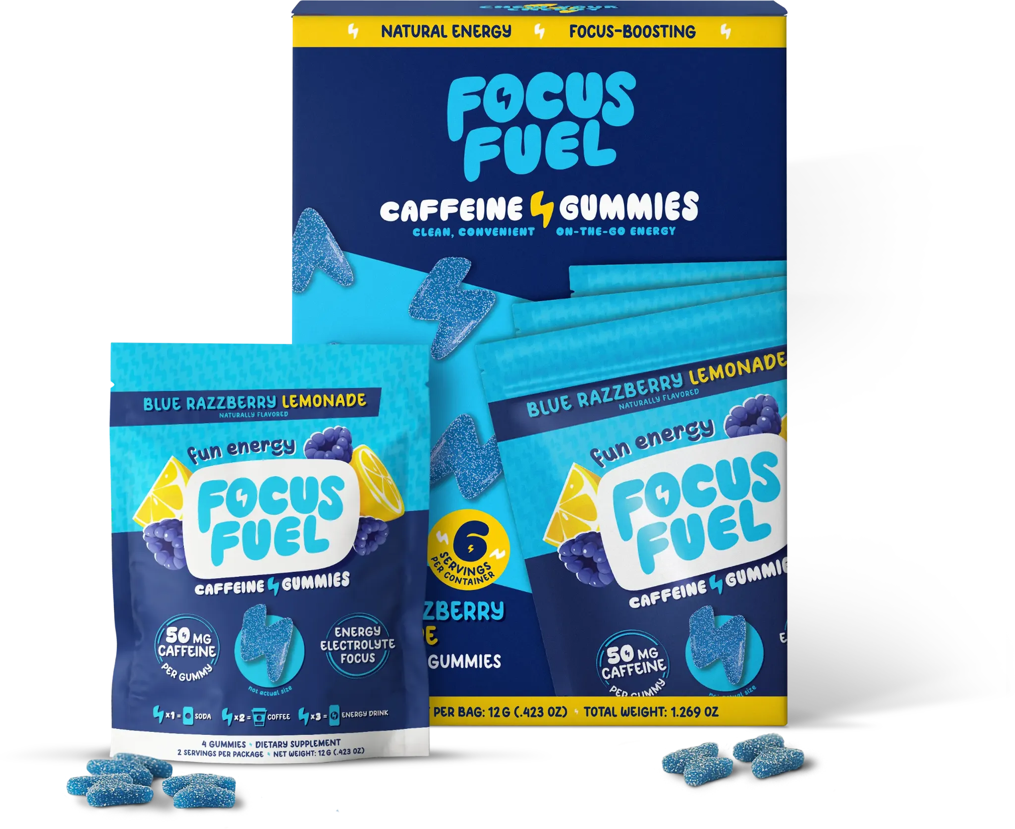 Blue Razzberry Lemonade FocusFuel Target multipack with individual gummy packages and blue gummies