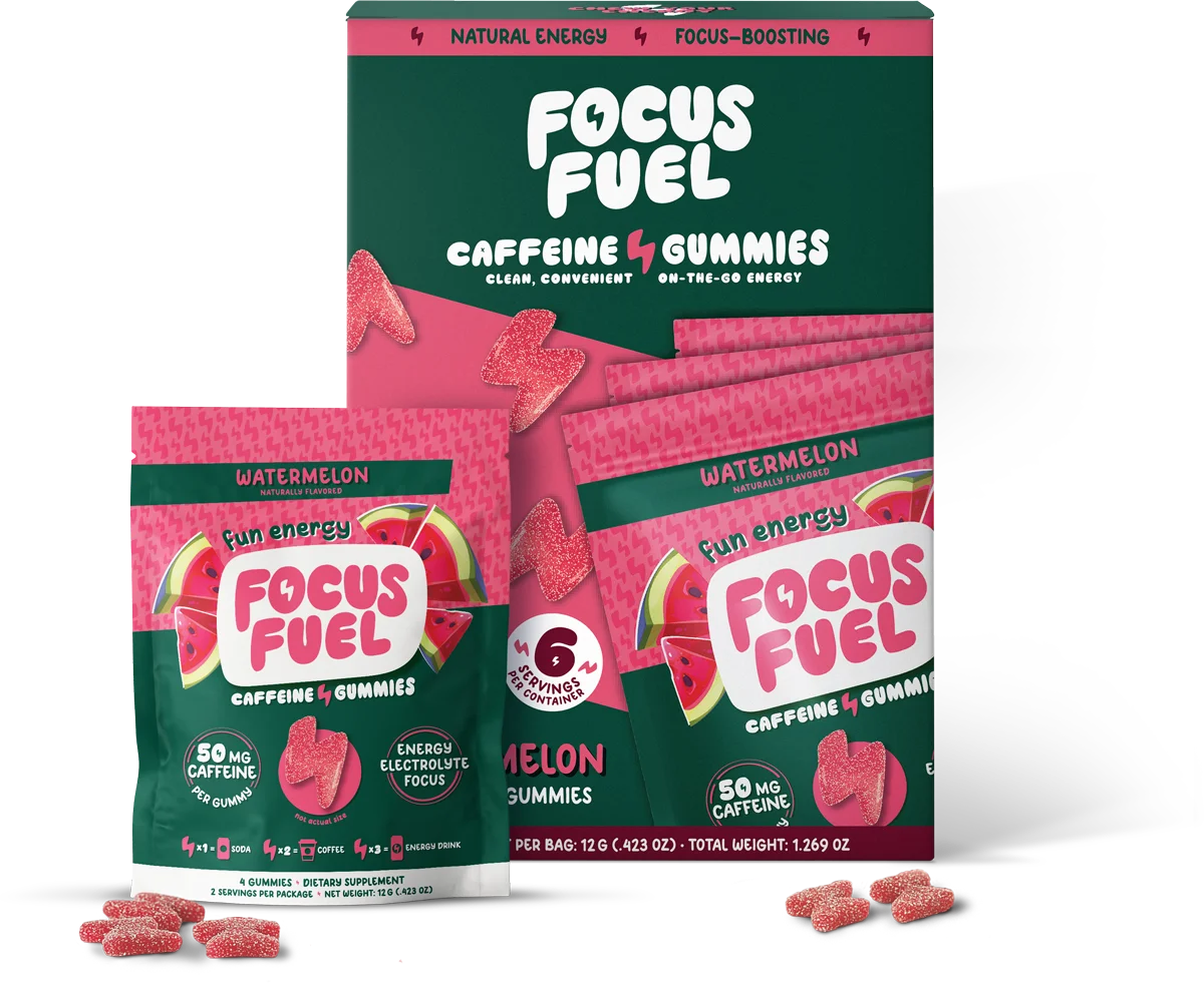 Watermelon FocusFuel Target multipack with individual gummy packages and red gummies