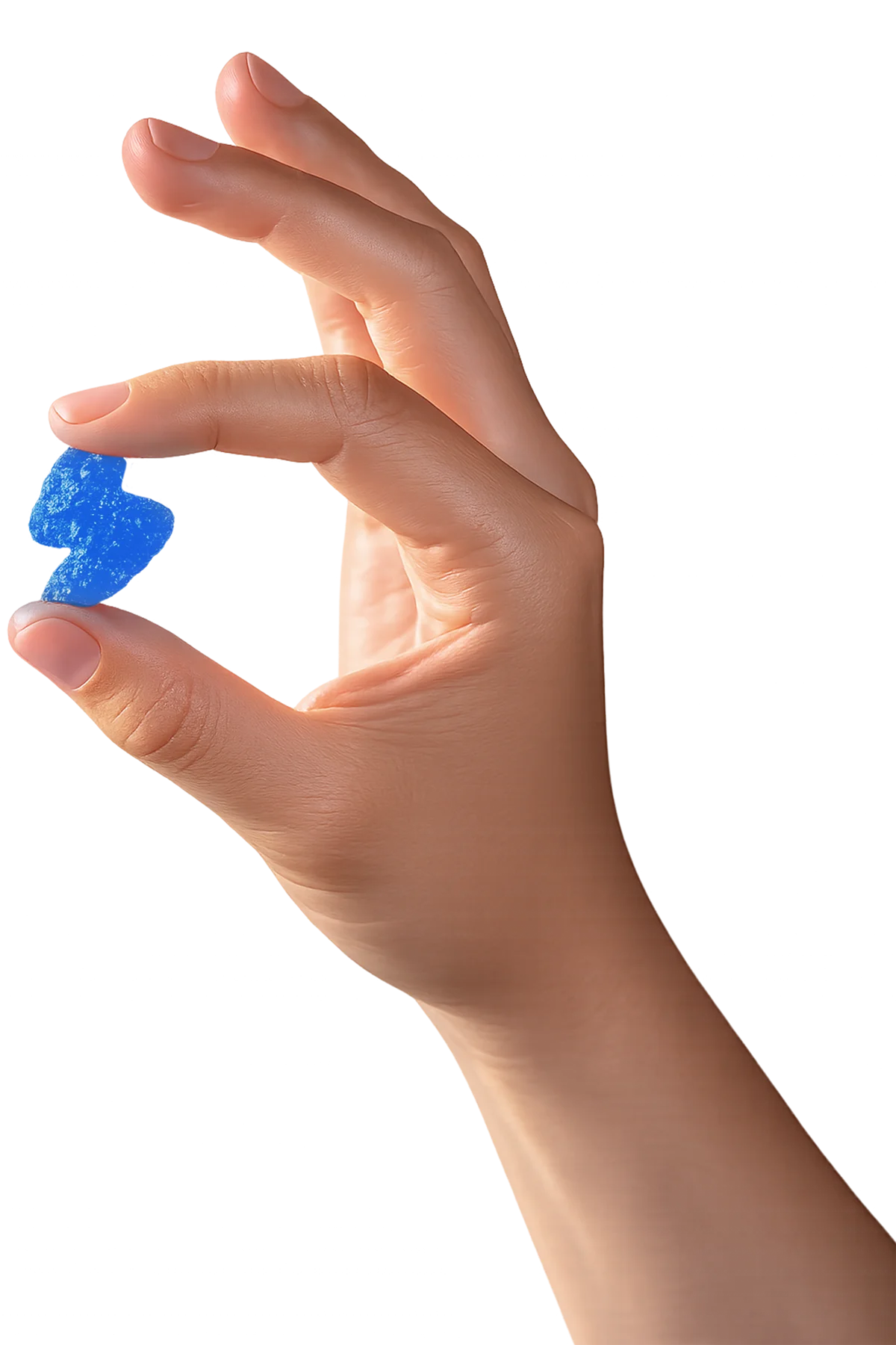 Hand holding a blue FocusFuel gummy